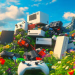 unplugged tech devices sitting in a field of wildflowers