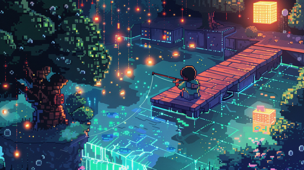a pixelated image of a child holding a fishing pole in a scene of code and technology