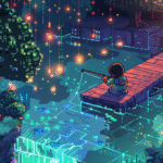 a pixelated image of a child holding a fishing pole in a scene of code and technology